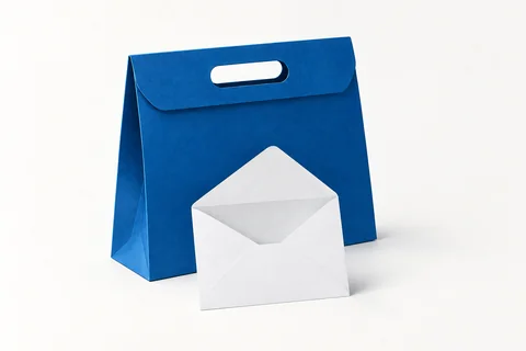 Ilustração de maleta azul e envelope branco, ambos de papel.