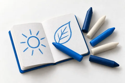 Ilustração de giz de cera azul e branco sem rótulos de papel junto a um caderno para colorir.