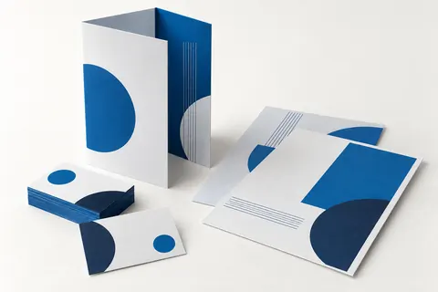 Ilustração de folheto dobrado, cartões e folhas com composição gráfica azul.
