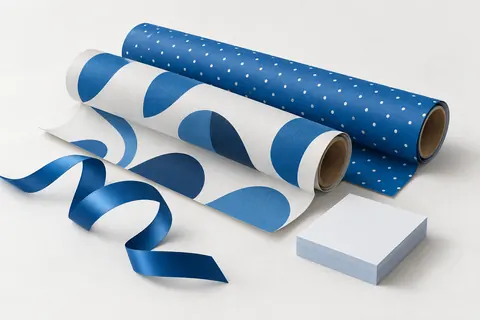 Ilustração de papéis para presente, fita azul e bloco de notas.