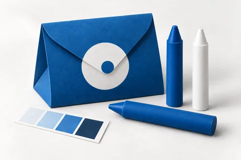 Ilustração de embalagem personalizada e giz de cera azul e branco sem rótulos de papel.