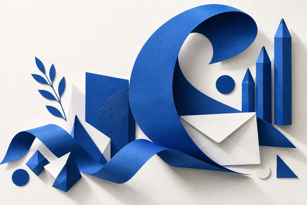 Ilustração editorial de papéis azuis, dobras, envelopes e formas inspiradas em giz de cera.